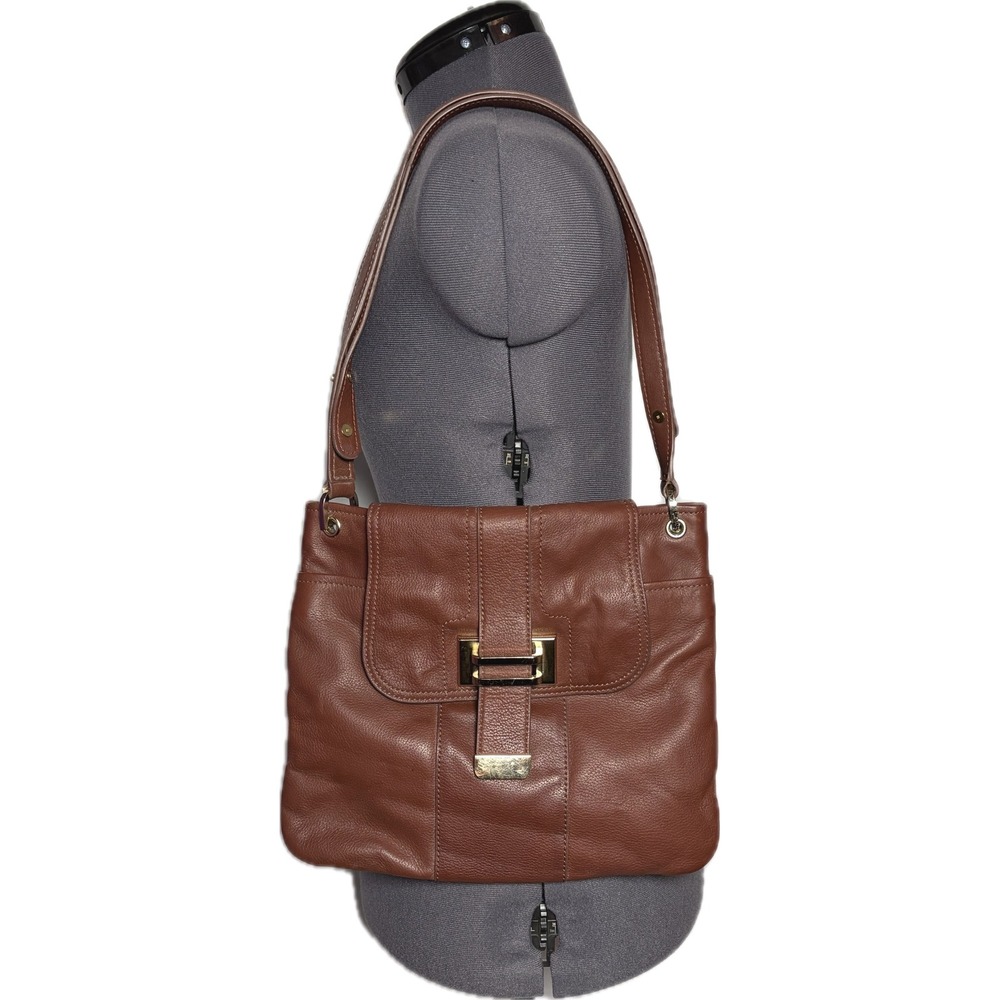 Vtg Y2K  Brown Leather Shoulder Bag Gold Buckle‎ Minimalist Purse Liz Claiborne